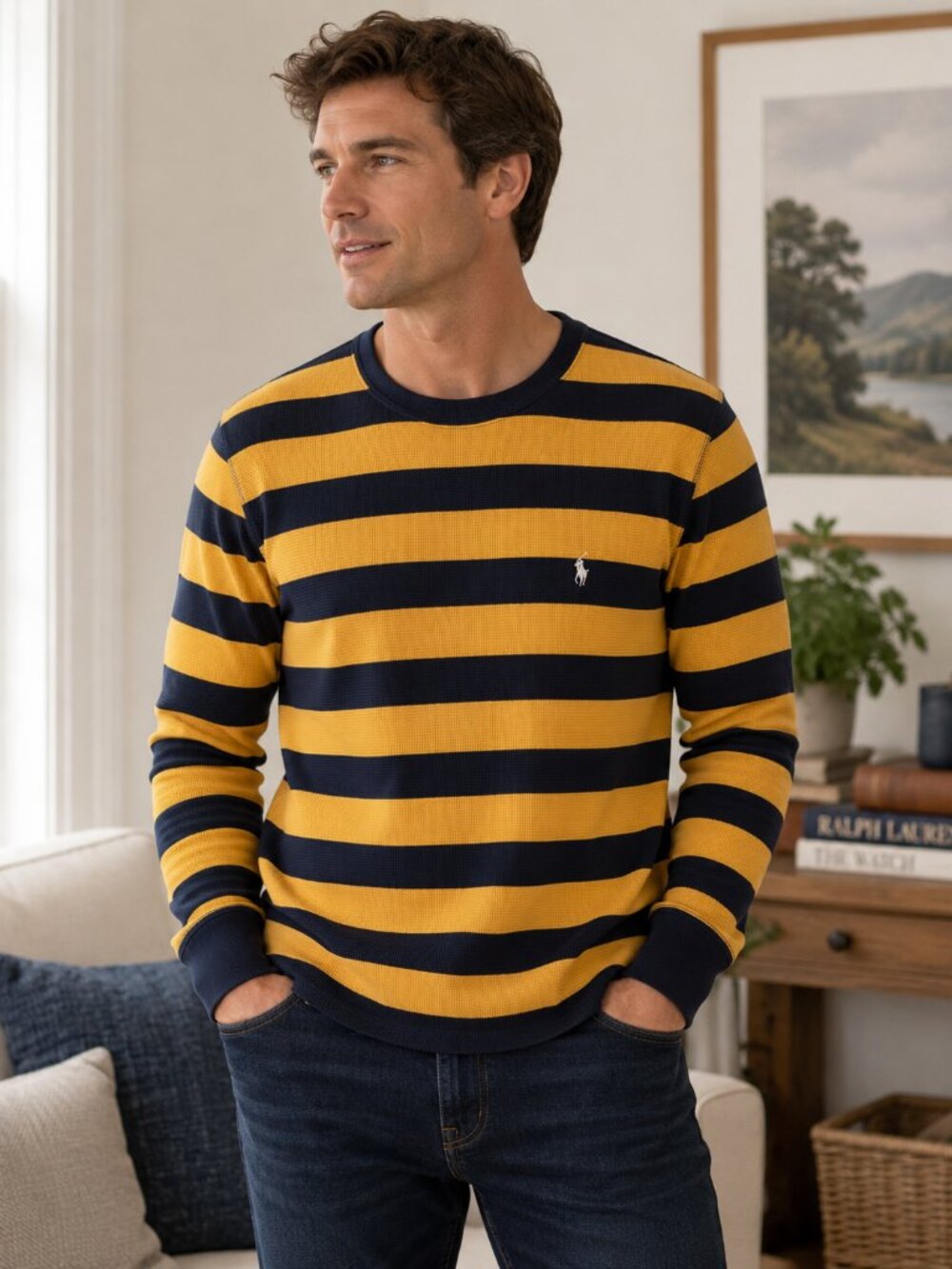 Polo Ralph Lauren Waffle Knit Thermal Shirt Sleepwear  Stripe Men's M 1147